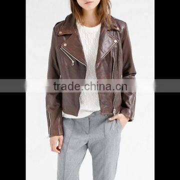 Ladies lapel collar brown shearling lamb leather jacket wit pockets