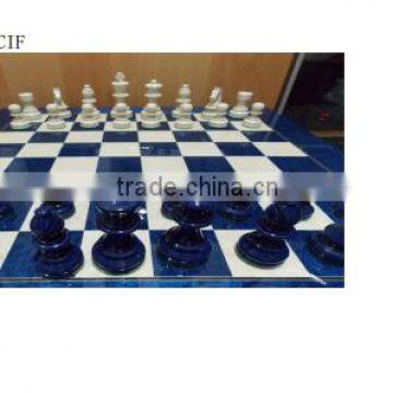 Wholesale Neon Blue /White Marble Chess Set with figure