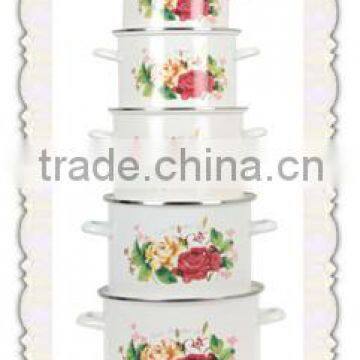 Elegant Red&Yellow Flower Decal Enamel Cooking Pot Set Deep Stew Pan For Induction Cooking Cast Iron Stew Pot