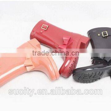 Solid Color Pink Lady High Heeled Rubber Rain Boots With Buckle photo-2