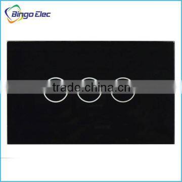 T7 Black crystal glass panel,AC 110-250V 3gang wall touch screen switch +led adapter