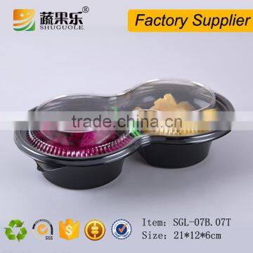 PET plastic 2 divided round fresh cut fruit salad container