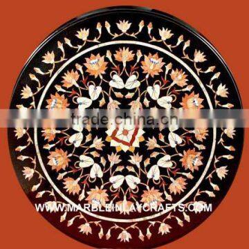 Round Natural Black Inlaid Marble Stone Coffee Table Top Pietra Dura Art Work