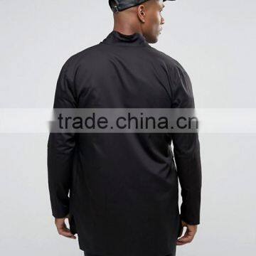 Plus Size Long Sleeve Open Front Self Tie Belt Mens Pre-Shrunk 100% Cotton Chinese Style Black Solid Color Shirts photo-2
