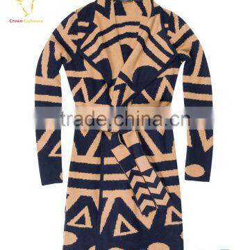 Intarsia Pattern Winter Cardigan Coat for Women with Belt