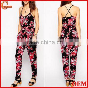 Adjustable strap low round neck floral print jumpsuit wholesale floral print jumpsuit