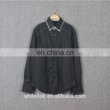 Customized Men's Dark Blue Solid Cotton Shirt Dress Causal Fitted Mens Shirt photo-2