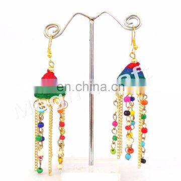 Pom Pom Jhumka Earrings-Pom Pom Drop Earrings-Multicolor Chain Pom Pom Earrings-BOHO Tribal Pom Pom Bell Earrings photo-4