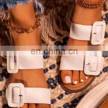 2021 New Flat Slides Women Shoes Gladiator Open Toe Buckle Soft Leather Slippers Female Casual Women's Flat Fashion Beach Shoes