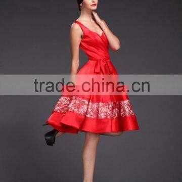 2016 new arrival Christmas style embroidered design sleeveless butterfly waist sweetheart red cocktail party dress