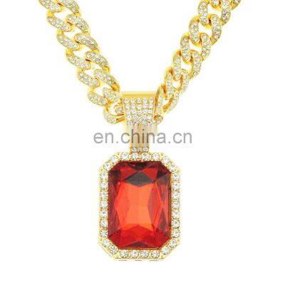 13mm chain pave setting ruby crystal hip hop diamond cuban link chain necklace