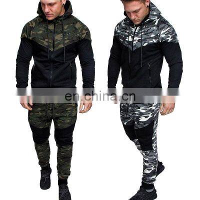 Men Camouflage Tracksuit Causal Hoodies Sweatshirt Patchwork Sets Plus Size  Zipper Jacket+Pants Suit Two Piece