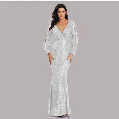 Womens Sexy Long Sleeve V Neck Embroidered Shining Sequins Evening Maxi Dress photo-5