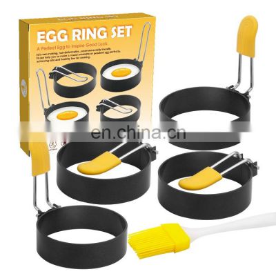 Amazon Hot Sell 4pcs Higher Size Fried Egg Omelette Mold Handle Non-stick Egg Rings Set with Silicone Brush