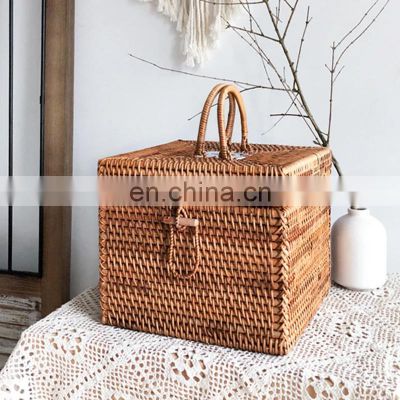 Hot Sale Rattan Woven Square Storage Basket With Lid Storage Box, Personalized Natural Handmade basket Vietnam Supplier