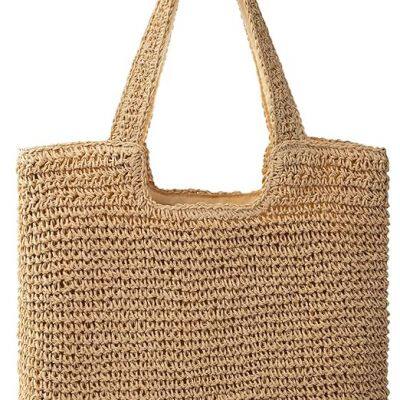 Straw Tote Bag Eco-Friendly Paper Woven Shoulder Handbag Vacation Beach Bag
