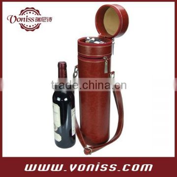 Leather Tube Style Wine Bottle Carrier Holder for Gift Giving Storage Holds One Bottle With Two Wine Accessories