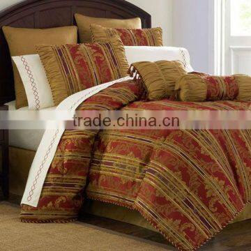 7 Pcs Gorgeous Jaquard Flower Stripe Design Comforter Set Bed In Red Gold Color