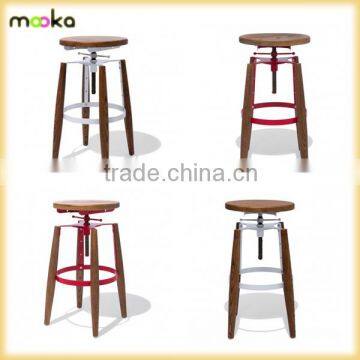 Metal Frame Wooden Bar Stool Round Seat Adjustable Bar Stool