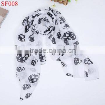 SF006 Cheap and fashion lady chilffon white scarves neck scarves with skull pattern