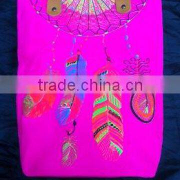 Hmong Indian tote neon pink canvas bag feather pattern