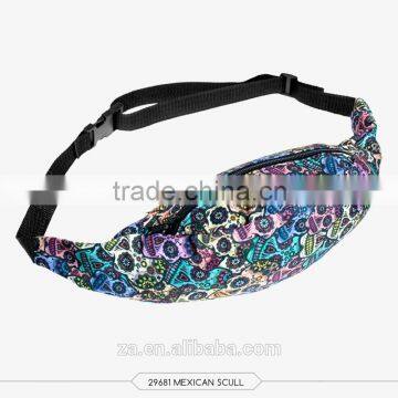 Fashion factory wholesale ready stock 3D digital printed mexican skull waist bag for ladies sport and leisure