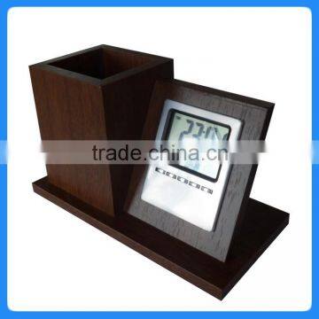 High-grade Office Desktop Wooden Brush Pot Clock photo-5