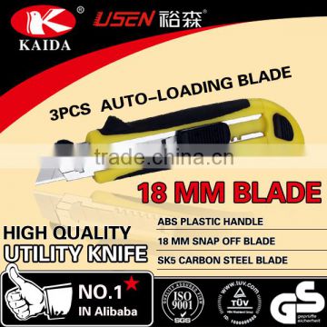 Plastic rubber grip handle 3 PCS Auto Loading Blade Utility Cutter Knife