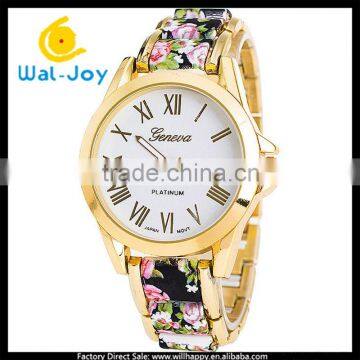 WJ-5218 high grade Geneva beautiful print flower strap stainless steel back japan movt newest elegance ladies watch