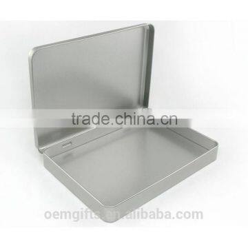 Rectangle A5 Size Hinged Tin Box Rectangle Muji Silver Plain Tin Container