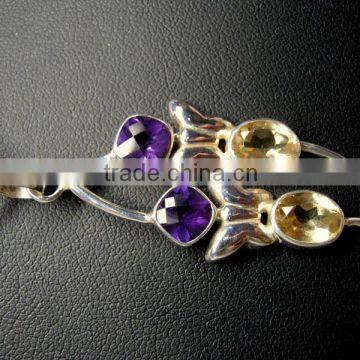 Amethyst & Citrine Cushion & Oval Cabochon Pendant , 925 Solid Sterling Silver Pendant, Designer Silver Two Stone Pendant