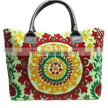 RTHHB-26C Fashionable And Trendy Uzbek Suzani Embroidery hand bag Semi Leather handled shopping bag For Women