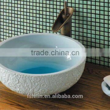 Handpainted ceramic art basin colorful countertop round sink porcelain flower edge bowl vanity top GD-F30