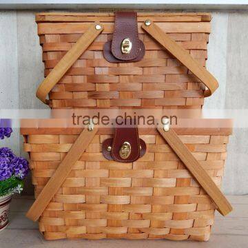 Cherry faux leather and clasps natural woven woodchip picnic basket