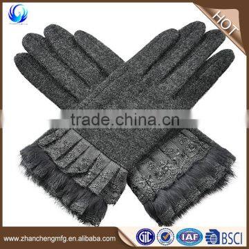 Hot sale ladies fashion dress gloves womens cashmere wool gloves with lace cuff