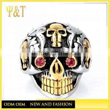 Jingli Jewelry Casting gold men's stainless steel skull biker rings with red eyes (HS-030)