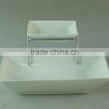 Stocked White Ceramic Rectangle French Fries Serving Plate With Dipping Dish and Iron Stand photo-2