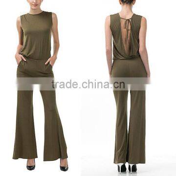 Jumpsuit Fashion New Design Super Soft Summer Full Length Trouser Wide Leg Olive Open Back Romper Jumpsuit Women 2017 Sleeveless