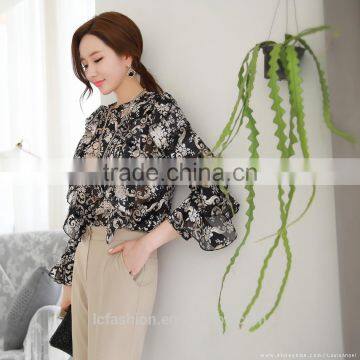 2017 Summer Print Chiffon Tunic Tops Long Sleeve Womens Shirts photo-2