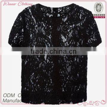 Ladies formal/office wear elegant transparent short sleeve sexy black lace blouse