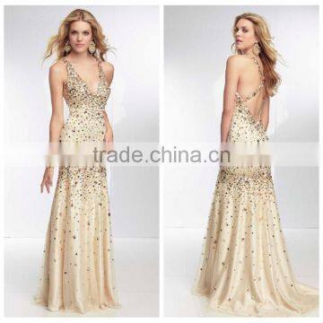 sexy halter handmade crystal beaded sheath nude evening dress