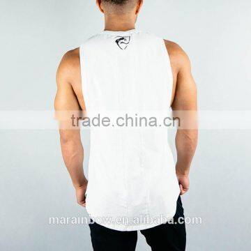 OEM Slim Fit White Plain Mens Cut off Gym Shirt Deep Cut Longline Curved Hem T Shirt With Side Split photo-3