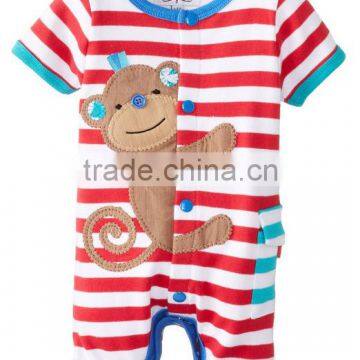 Red and write stripe applique bear organic cotton summer wear short sleeve wholesale pattern custom made kids jumpsuit