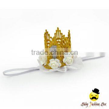 FDK270 Lovebaby Yiwu Beautiful Gold Imperial Crown With Samll White Flowers Plastic Baby Girls Accessory