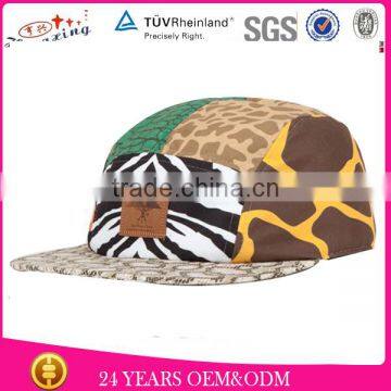 Different Panel Printied 5 Panel Camp Caps/Wholesale Leather Patch 5 Panel Camp Caps