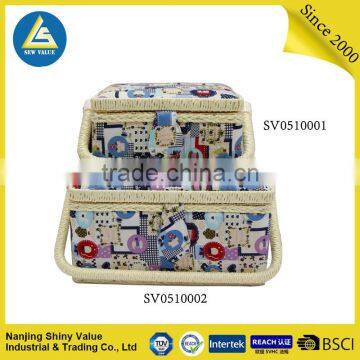 Wholesale Rectangle Cotton Fabric PP Cord Covering Sewing Baskets With Handle & Pincushion & Removable Tray - Patchwork photo-5