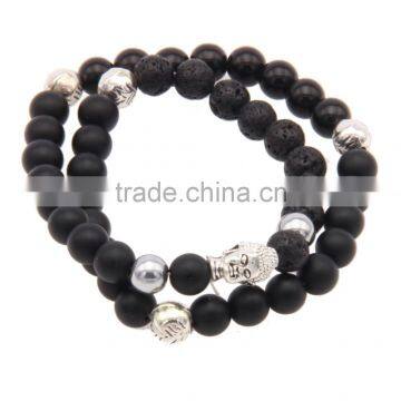 Religion Tibet Charm Jewelry Double Layered Lava Stone Black Beads Buddha Bracelet