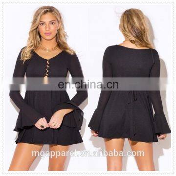 Black Ruffle V Neck Party Dress With Long Bell Sleeve