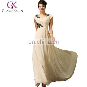 Grace Karin Cap Sleeve V-Neck Apricot Long Chiffon Ball Prom Dress Party Dress CL007576-1