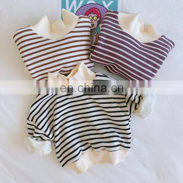 Girls' striped tops 2020 autumn and winter new baby small half high collar warm Korean cotton striped hoodies